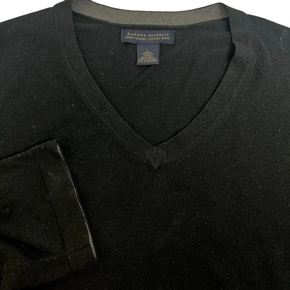 Banana Republic Black V Neck Long Sleeve‎ Cashmere Sweater Silk Cotton L